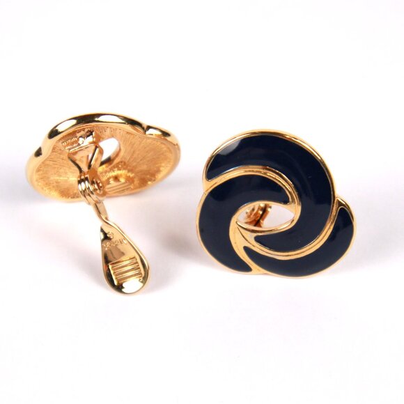 Vintage Monet Gold Tone and Blue Enamel Clip-on Earrings - Picture 2 of 4